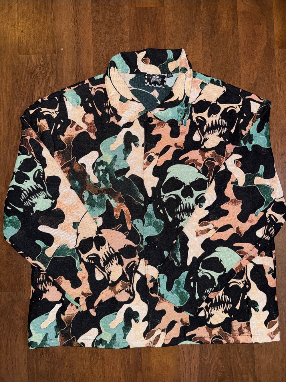 Lightweight Skull Camo Shirt Jacket - Black, Peach & Mint